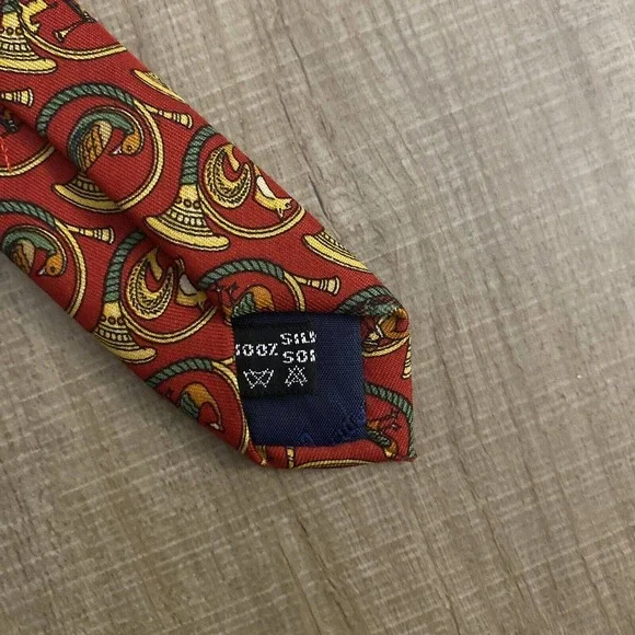 RARE Salvatore Ferragamo 100% Silk Red Tie Men Horn Trumpet Vintage Print - Picture 2 of 3
